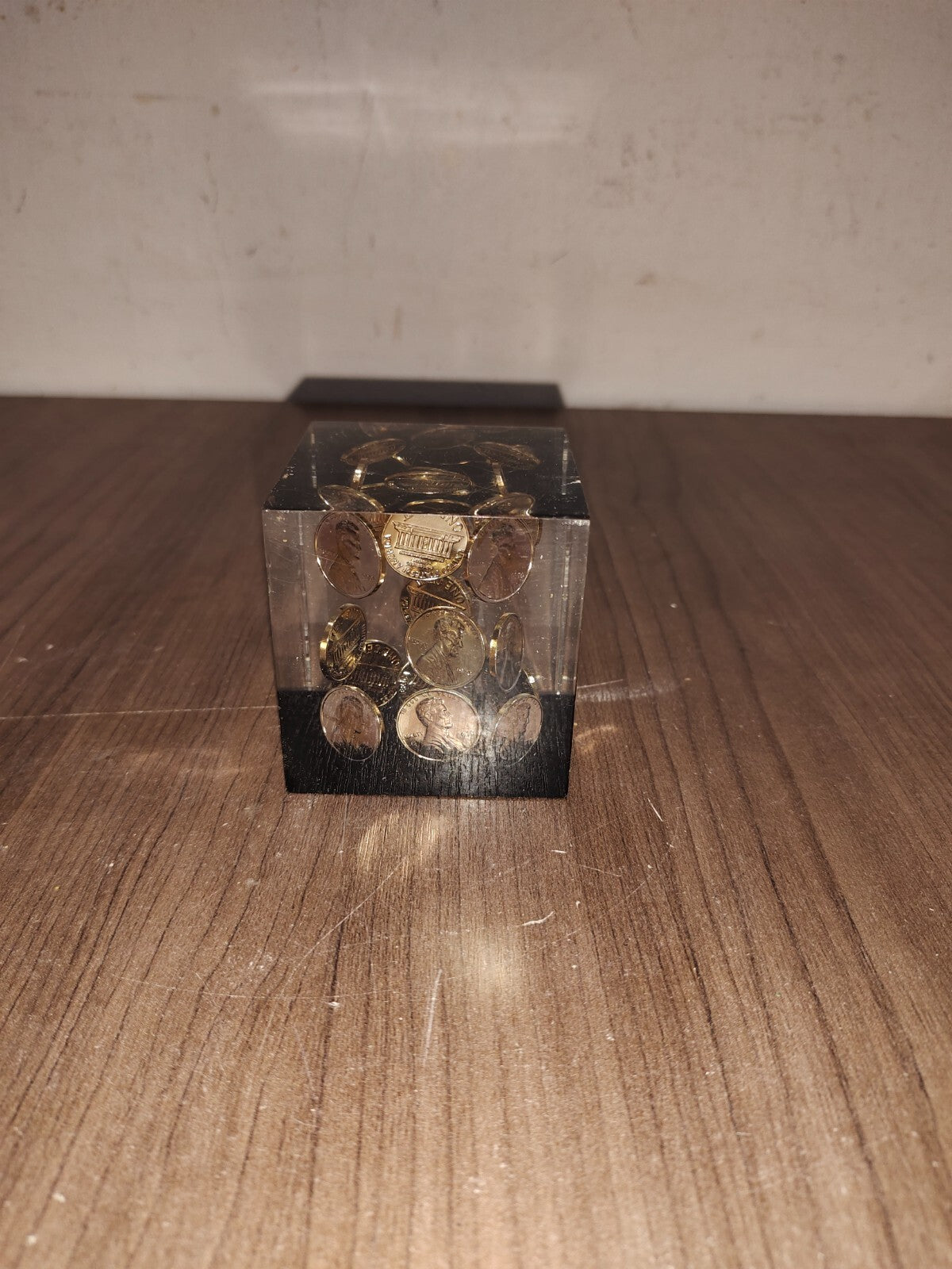 Vintage Acrylic Lucite Floating 1978 Pennies Penny Cube Square