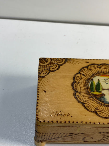 Antique Wooden Box with Hinged Lid, has a beautiful art on top.