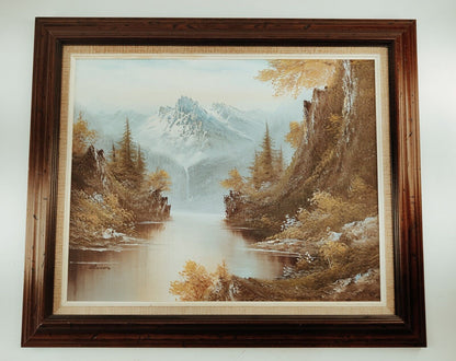 Vintage Large Oil Painting Mountain Lake Landscape Scene Signed and Framed