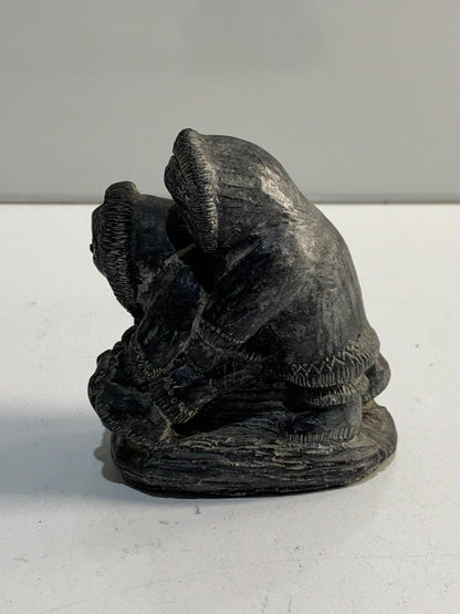Vintage Inuit Children Sledding Eskimo Art Hand Made Canada Resin