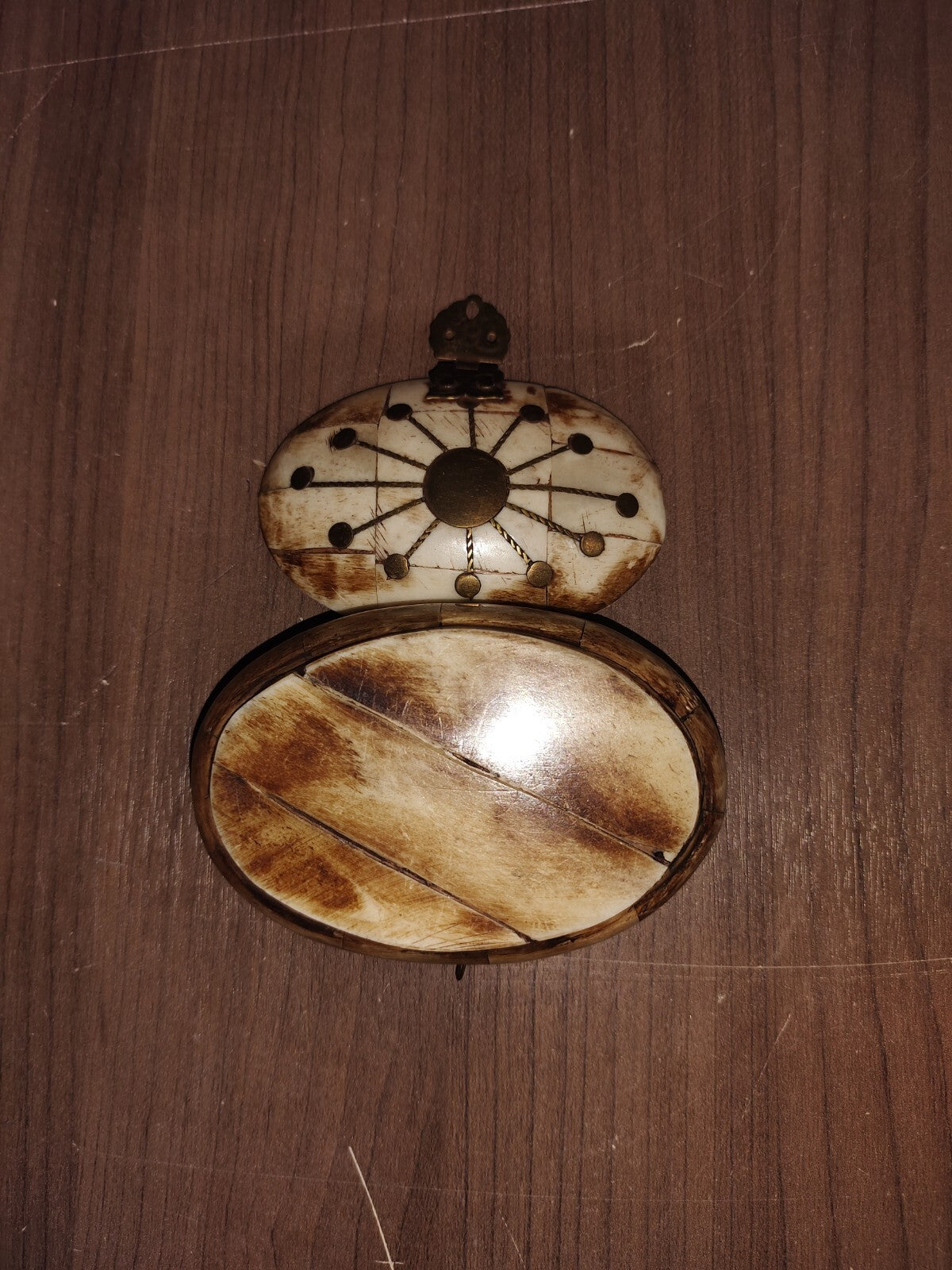 Vintage Camel Bone Trinket Jewelry Box Brass Inlay Handcrafted Oval