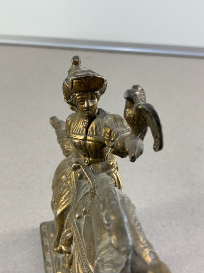 Vintage French bronze sculpture, statue, knight with his hawk on his horse