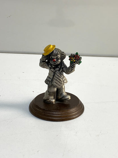 Vintage George Good Cast Pewter Clown On Wood Base With Flowers