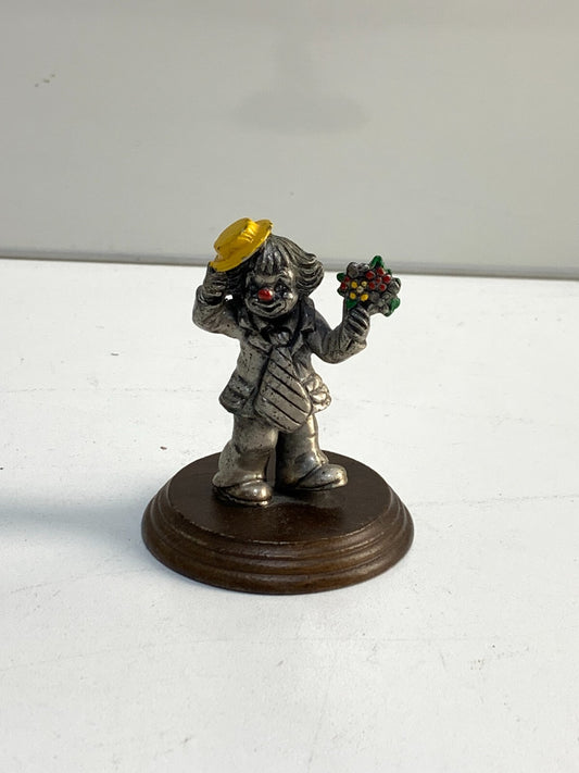 Vintage George Good Cast Pewter Clown On Wood Base With Flowers