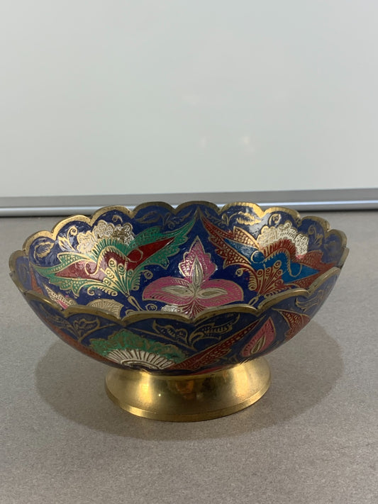 Antique hand engraved colored bowl brass metal and enamel