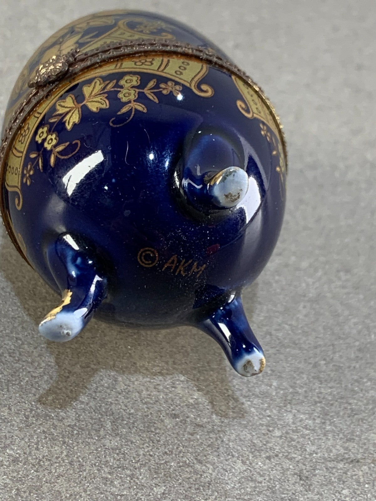 Floral AKM Vintage Porcelain Blue Egg Footed Trinket Box