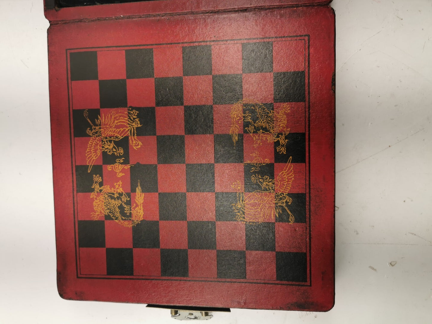 Antique Wooden Chess Board With Resin Chess Pieces & Storage Slot