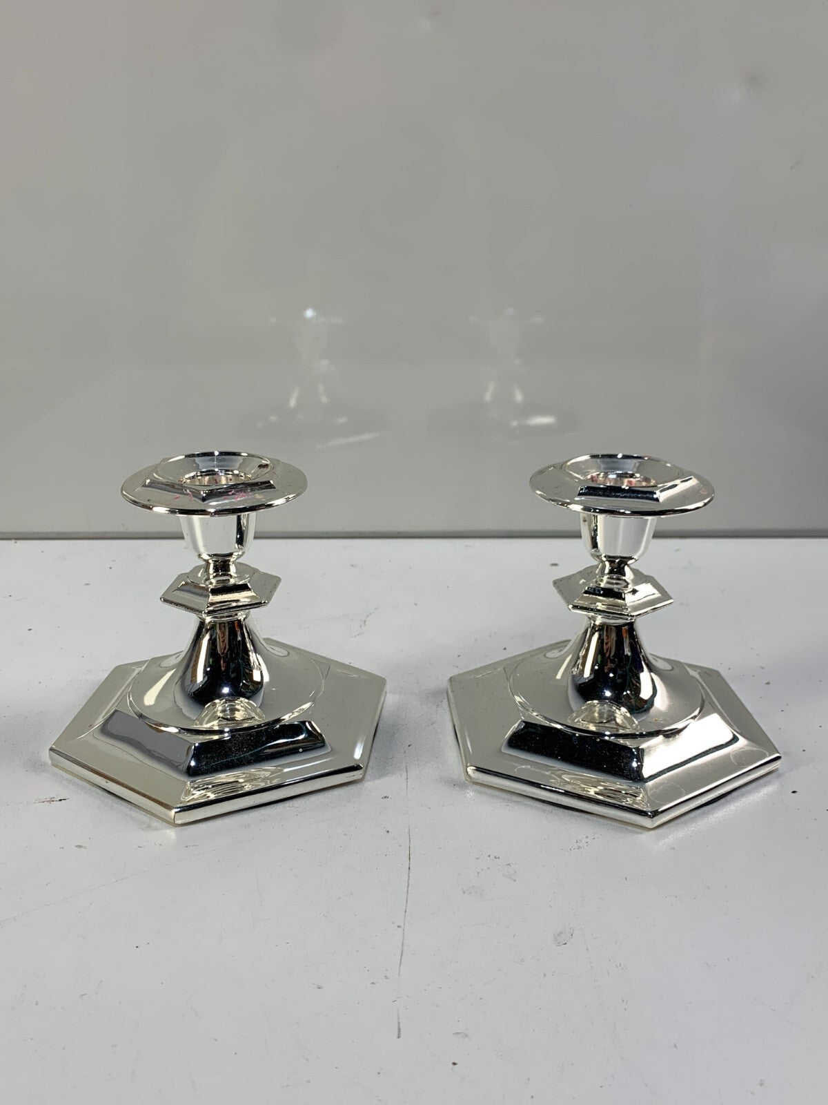 Vintage Pair Of Candlestick Holders Octagon Shaped Base
