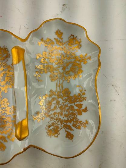 Porcelaine De France Hand painted Gold flower Divided Candy Nut Dish