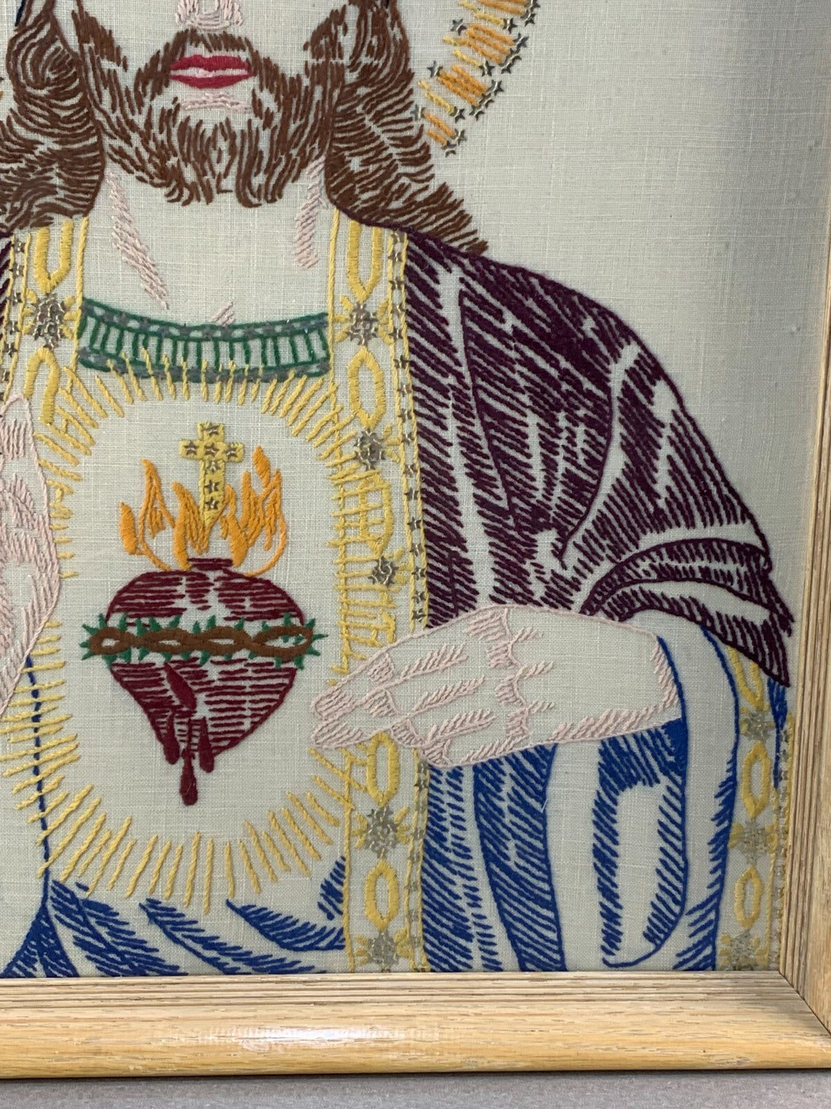Vintage Jesus Sacred Heart Embroidery Unique Rare Art Folk Religious Outsider