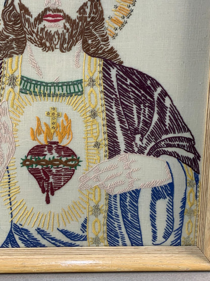 Vintage Jesus Sacred Heart Embroidery Unique Rare Art Folk Religious Outsider