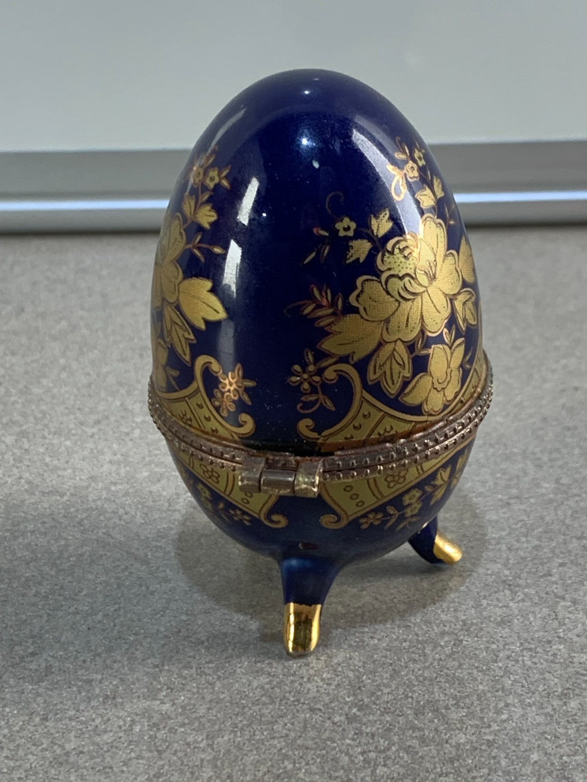 Floral AKM Vintage Porcelain Blue Egg Footed Trinket Box