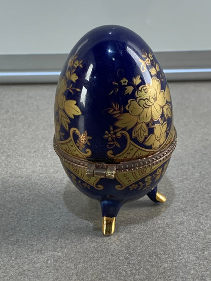 Floral AKM Vintage Porcelain Blue Egg Footed Trinket Box
