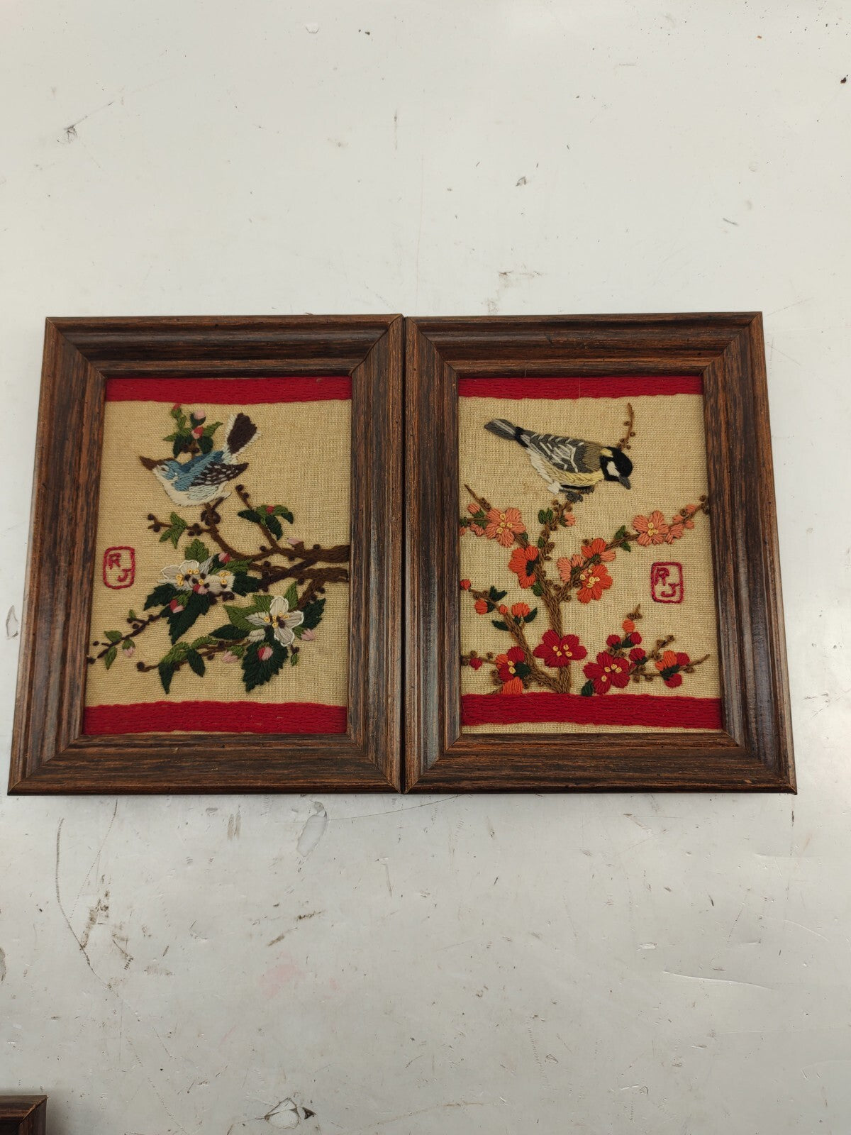 Vintage Crewel Needle point Birds Yarn art Framed Wall Art - Set of 4