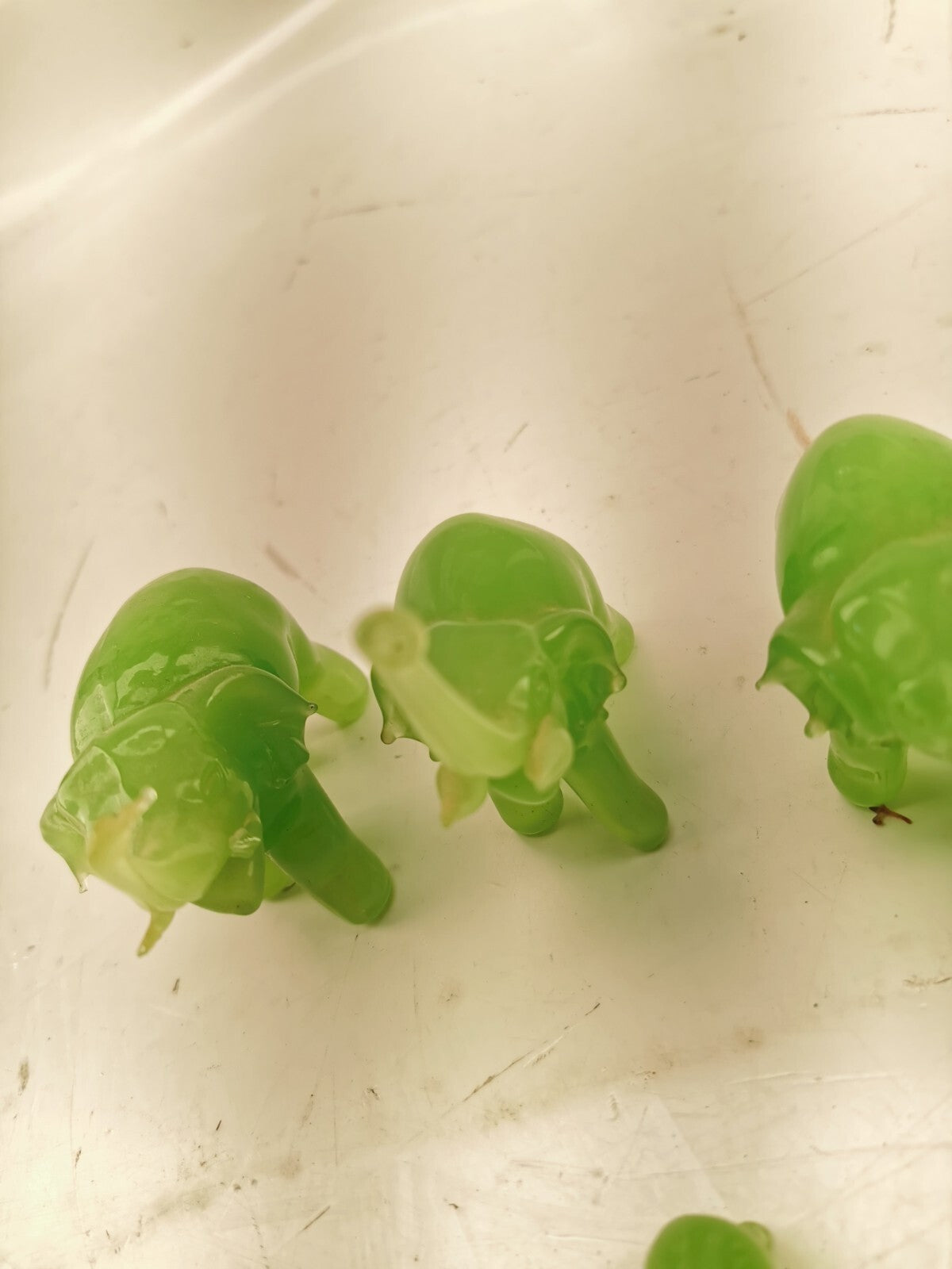 Vintage Green Glass Elephant Group Sculptures Set of 7