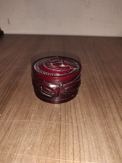 BOMA CANADA CARVED RESIN IN CHERRY WOOD TRINKET BOX WITH TRIBAL ART CARVINGS