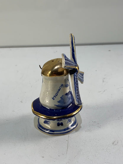 Vintage Delft Porcelain Windmill Salt Shaker - Blue, White & Gold