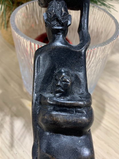 Wood sculpture woman with baby and basket, African woman statue sculpture