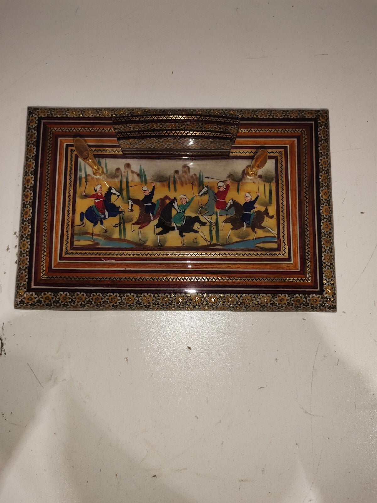 VTG Handcrafted Wooden Inlaid Persian Khatam Scene Organizer 2 Pen Holder