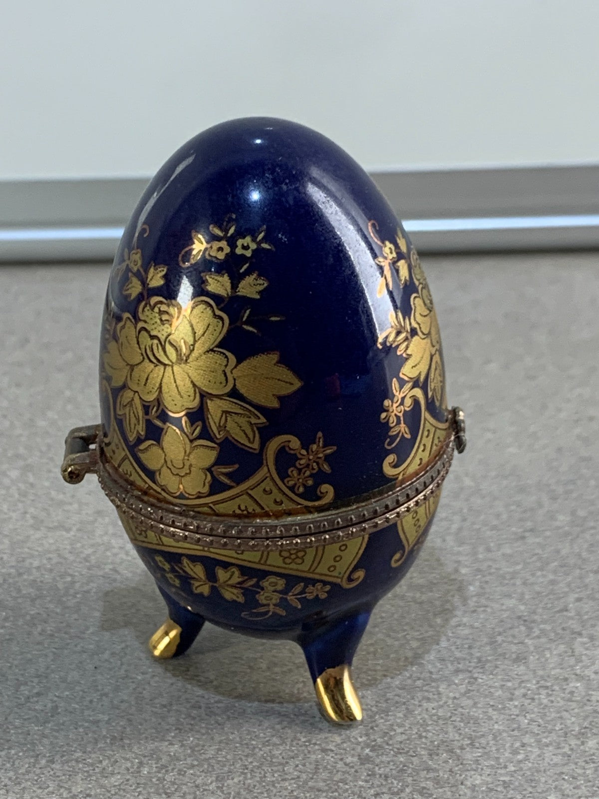 Floral AKM Vintage Porcelain Blue Egg Footed Trinket Box