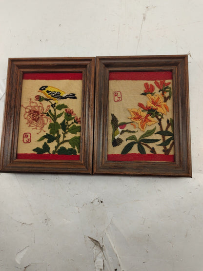 Vintage Crewel Needle point Birds Yarn art Framed Wall Art - Set of 4