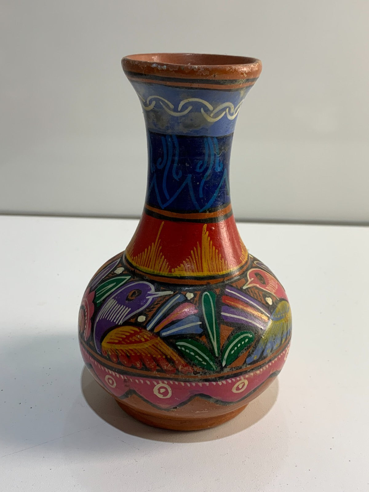 Vintage Mexican Storytellers Hand Painted Folk Art Terracotta Bud Vase