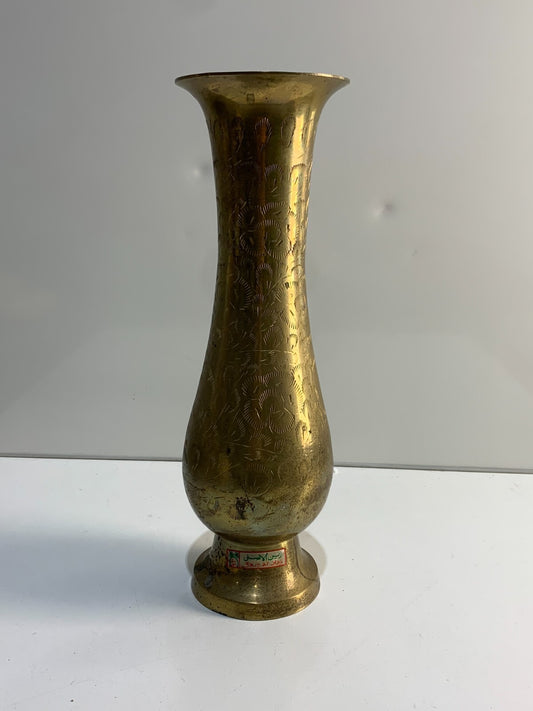 Vintage Solid Brass Etched Floral Design Vase
