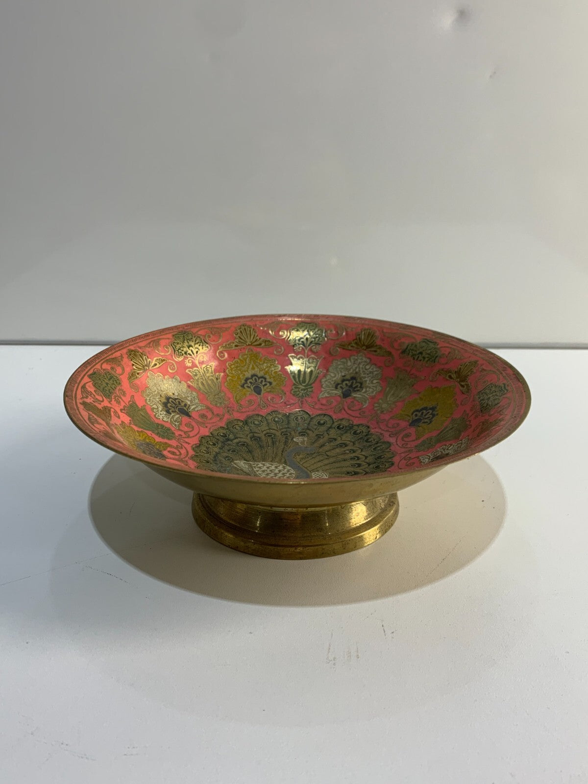 Vintage brass pedestal bowl, etched and enamel painted floral & peacock design.
