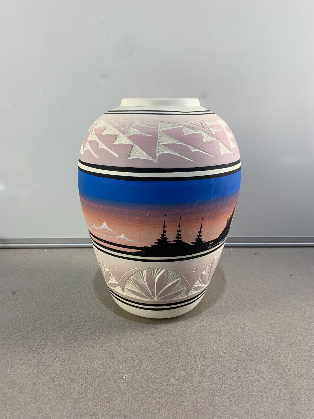 Vintage Etched Pastel Art Pottery Vase Signed S. Dineh Native American Navajo