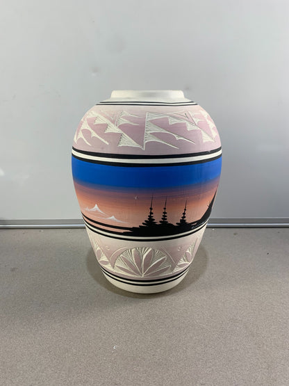 Vintage Etched Pastel Art Pottery Vase Signed S. Dineh Native American Navajo