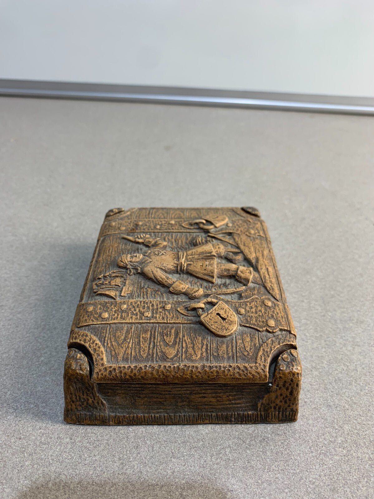 Vintage Hand Carved Lidded Soapstone Trinket Box with Peg Leg Pirate Design