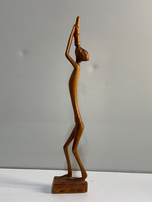 Vintage Wooden Abstract Sculpture Hand Carved Horn Blowing Man