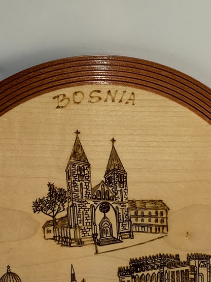 Bosnian covered wooden dish pyrography wall plaque