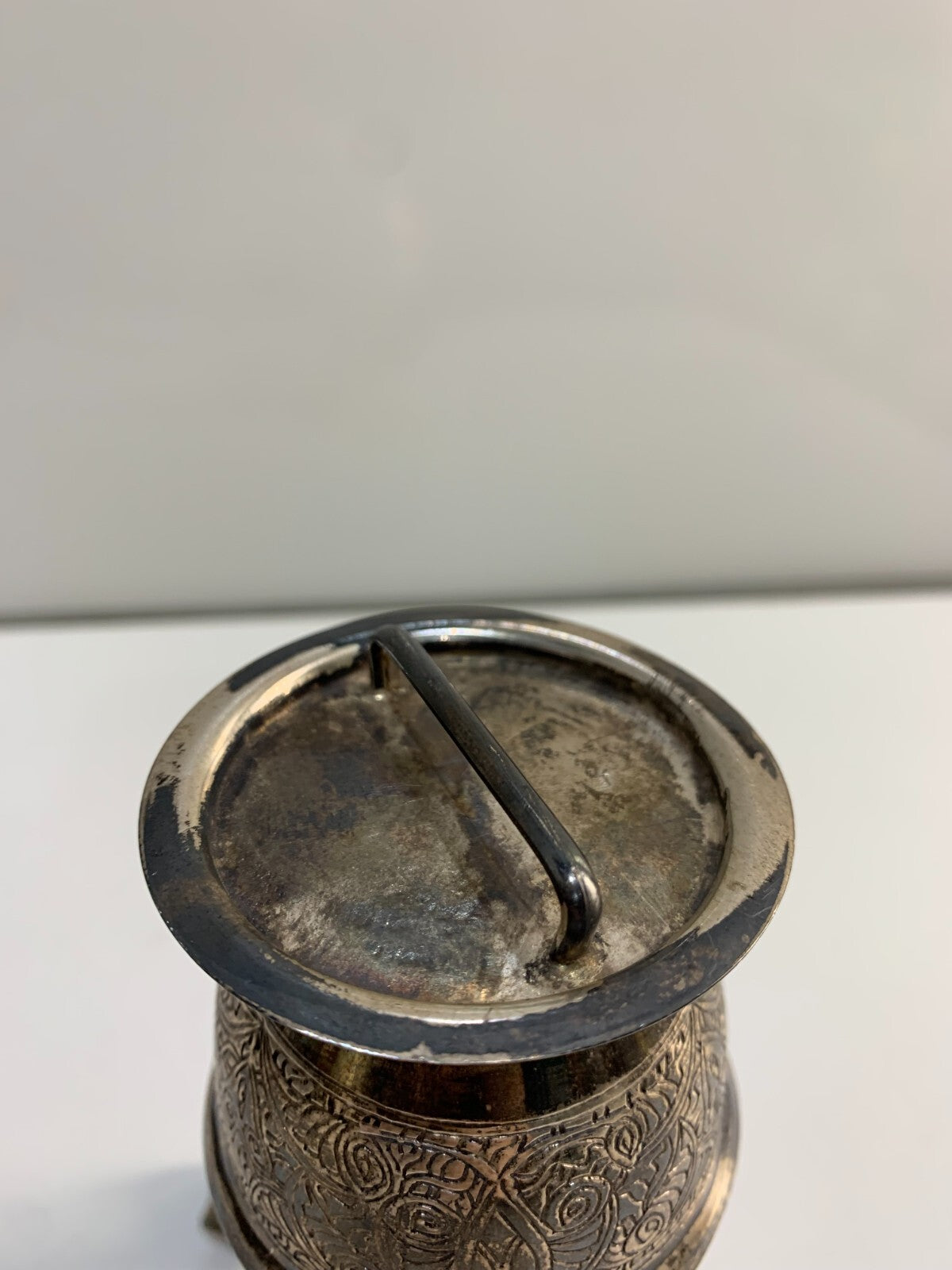 Egyptian solid silver miniature amphora with stand and lid.