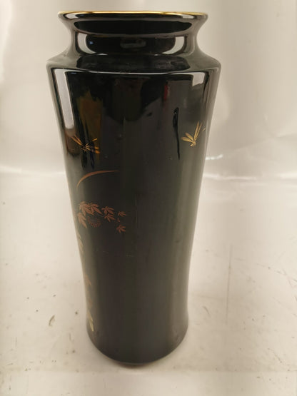 Vintage Shibata Japanese Chrysanthemum Black & Gold Vases 11”