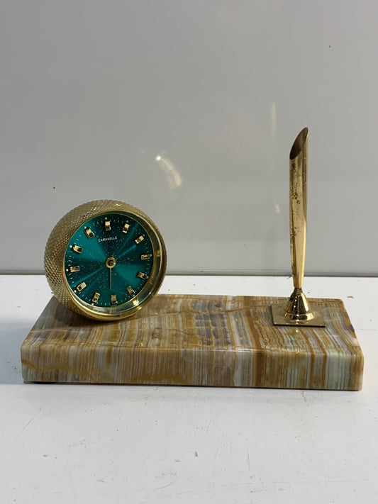 Vintage Caravelle Desk Set Brass Windup Clock With Pen Holder