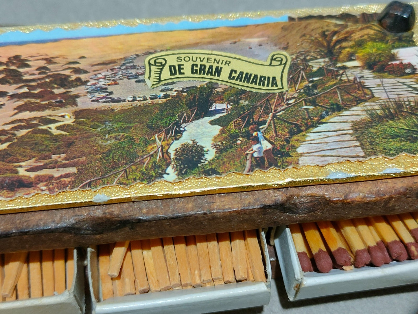 Vintage Beautifully Crafted Wooden Matchbox Holder Box SOUVENIR DE GRAN CANARIA