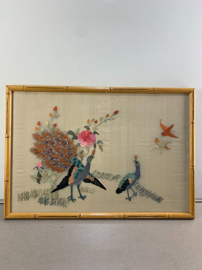 Chinese Silk Embroidered Peacock Flowers Asian Framed