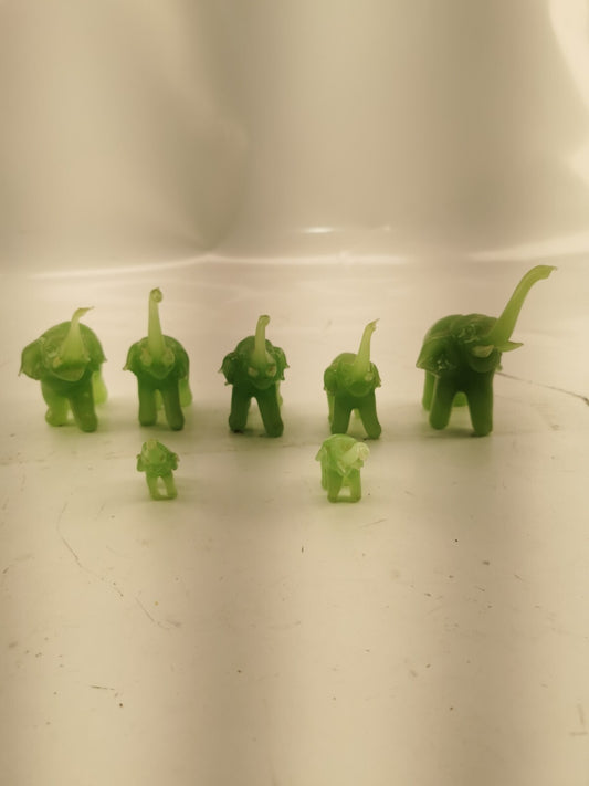 Vintage Green Glass Elephant Group Sculptures Set of 7