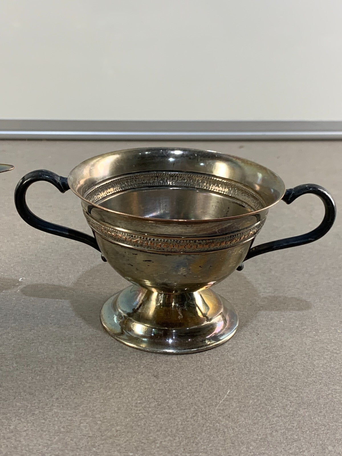 Creamer & Sugar bowl lined with copper EPO with M. Mounts rare antique