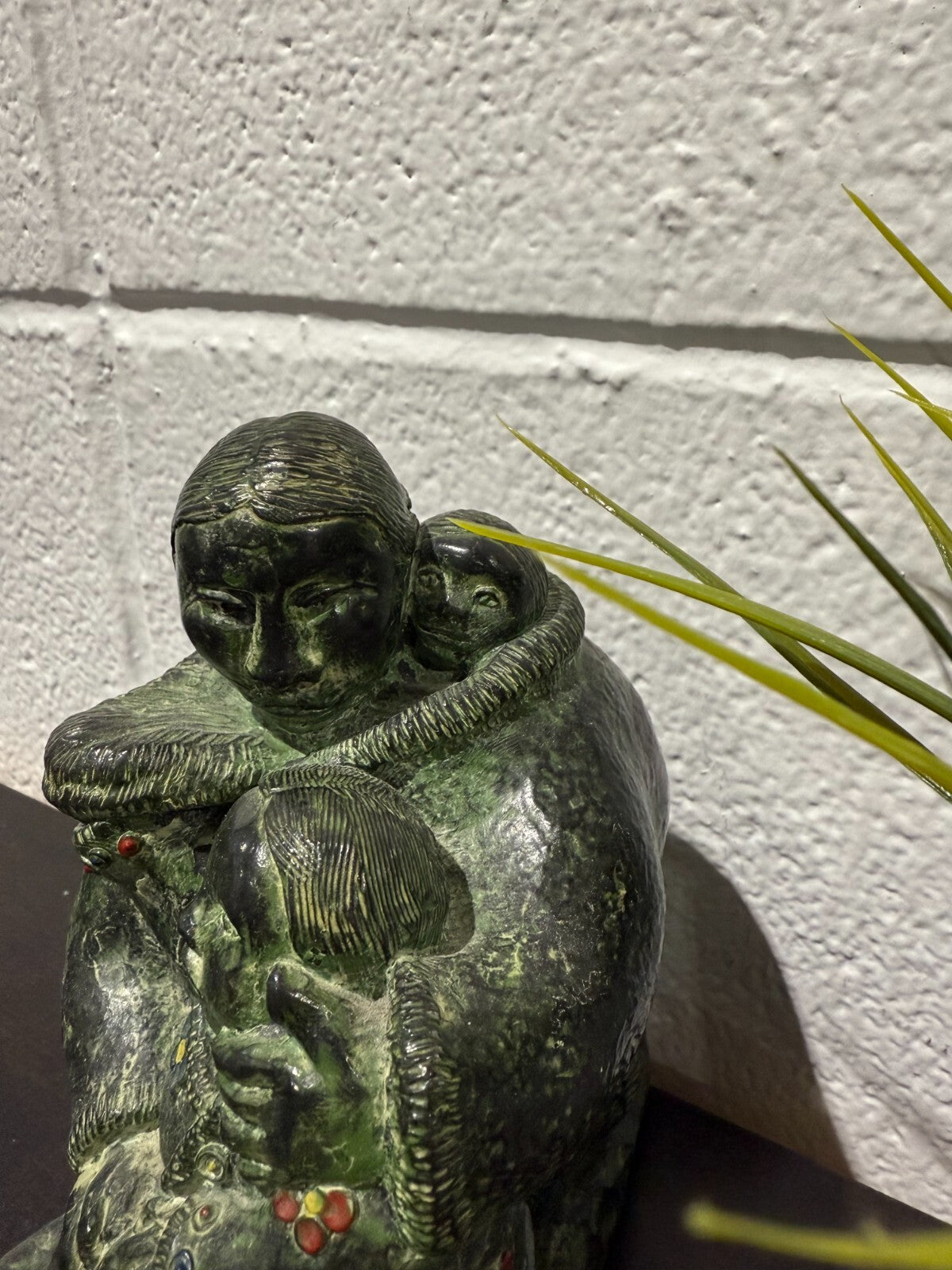 Vintage Inuit Figurine The Wolf Sculptures Mother & Child Figurine Green