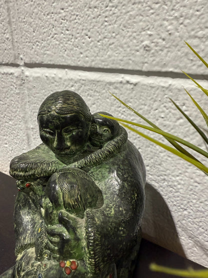 Vintage Inuit Figurine The Wolf Sculptures Mother & Child Figurine Green