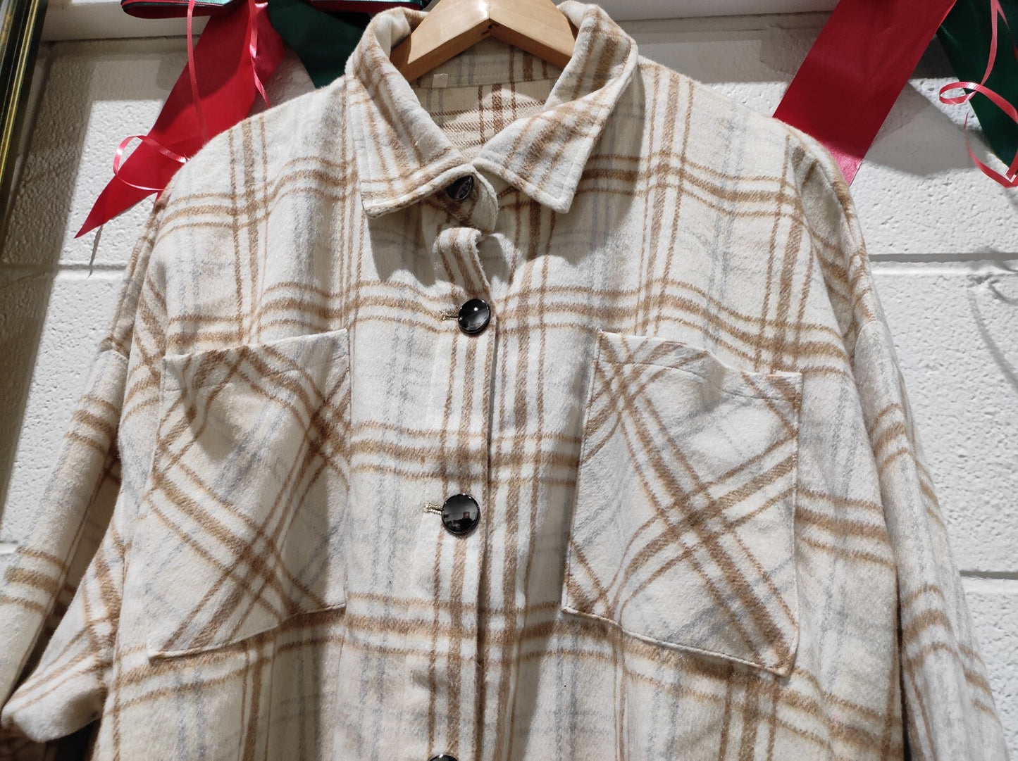 Women's Shacket Jacket Flannel Beige Brown Oversized Fall Long Sleeve 3XL