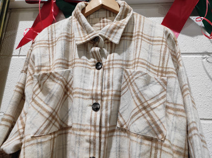 Women's Shacket Jacket Flannel Beige Brown Oversized Fall Long Sleeve 3XL