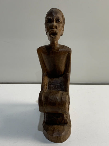 Vtg Hand Carved Wood Man Playing Bongo Drum African Folk Statue Sculpture