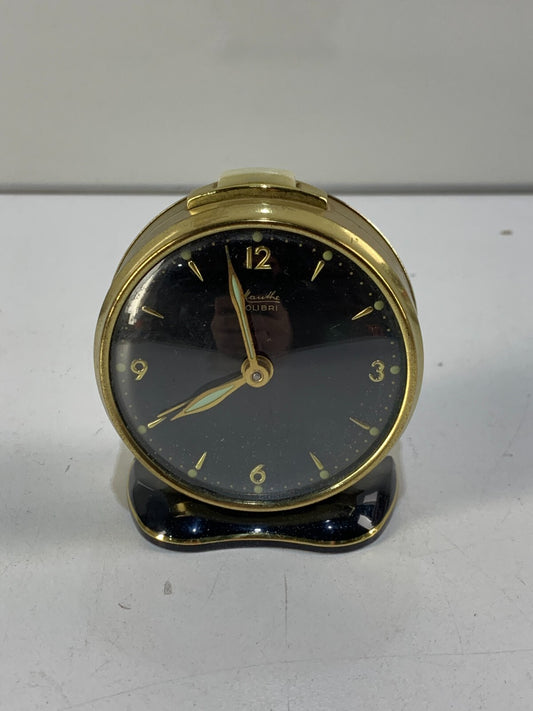 Colibri Mauthe Desk Clock Black Gold Brass Round Germany Wind Up Alarm 60s RARE