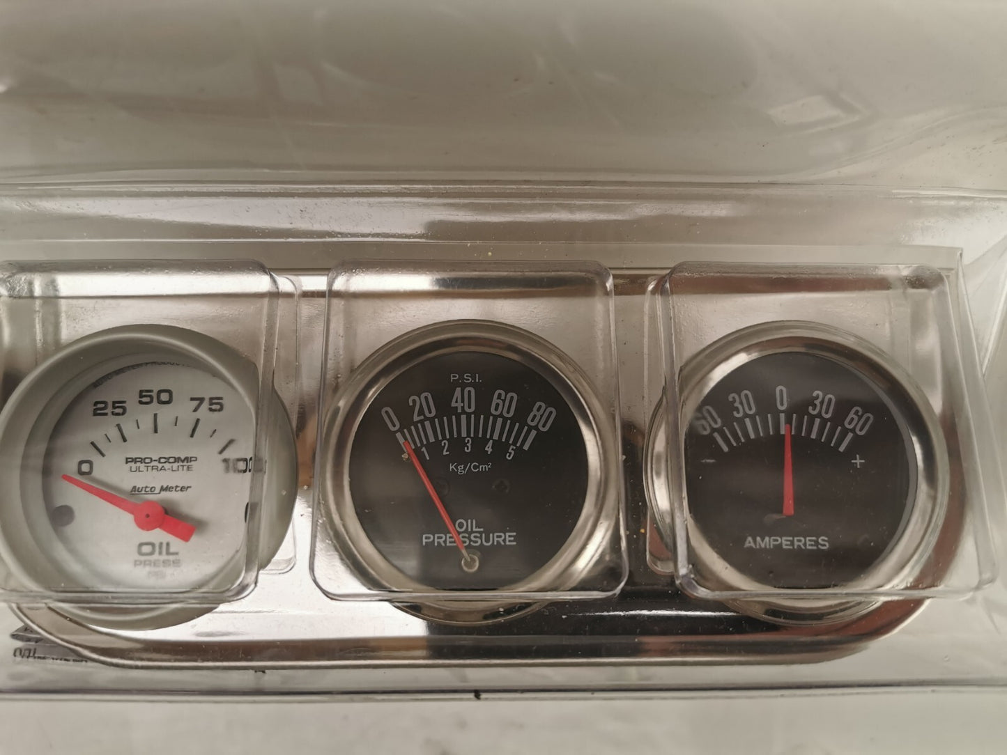 Chrome Triple Gauge Pod with 2 Oil pressure Gauges and Vacuum Gauge