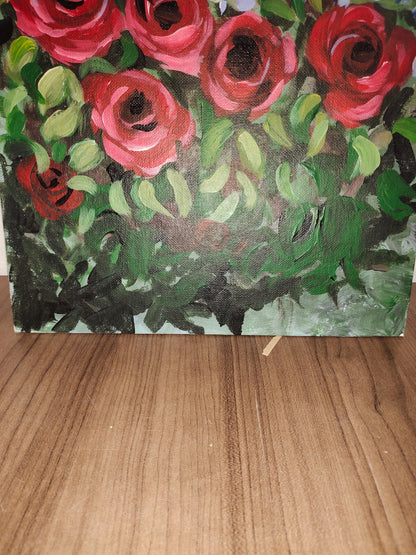 Hand Painted Acrylic Stretch Canvas Painting - 14" X 11" - Roses and Plant
