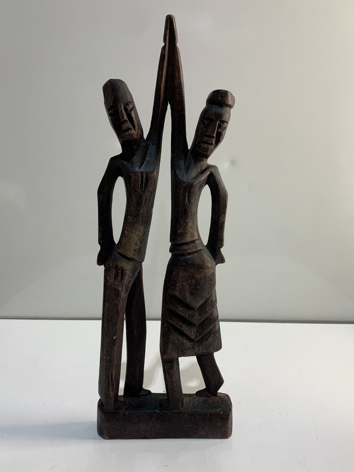 Haitian Wood Carved Figure of Man & Woman 13.5" Tall Vintage Wooden Statue Pair