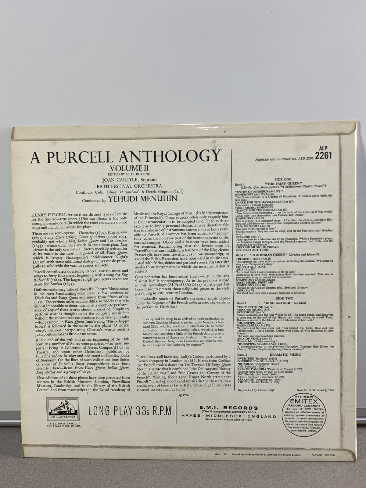 Purcell Anthology Vol. 2 LP 1966 Menuhin Bath Festival Orchestra ASD 2261